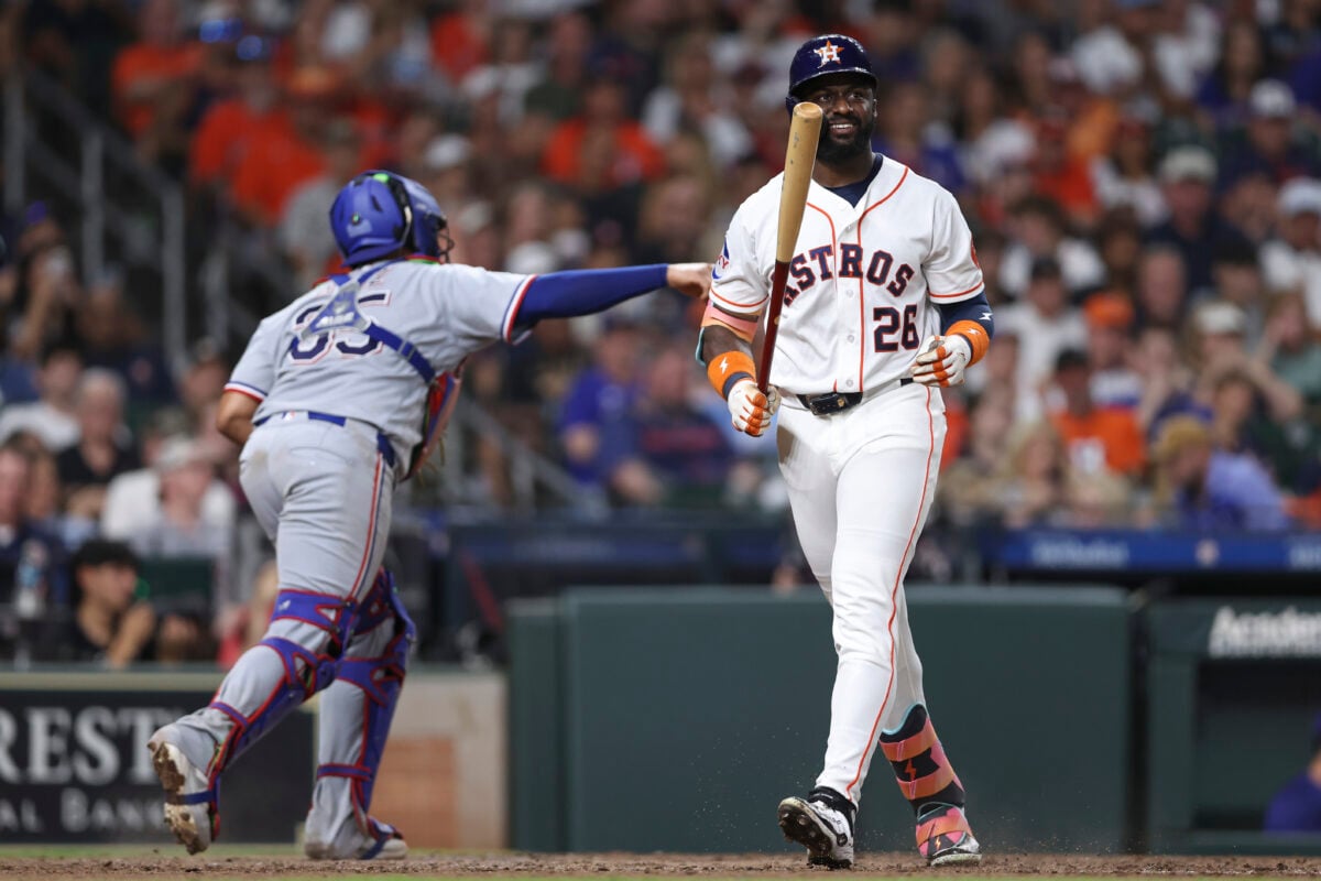 Aug 1, 2026; Houston, Texas, USA; Houston Astros center fielder Taylor Trammell (26) reacts after striking out during the seventh inning against the Texas Rangers at Daikin Park. Mandatory Credit: Troy Taormina-Imagn Images