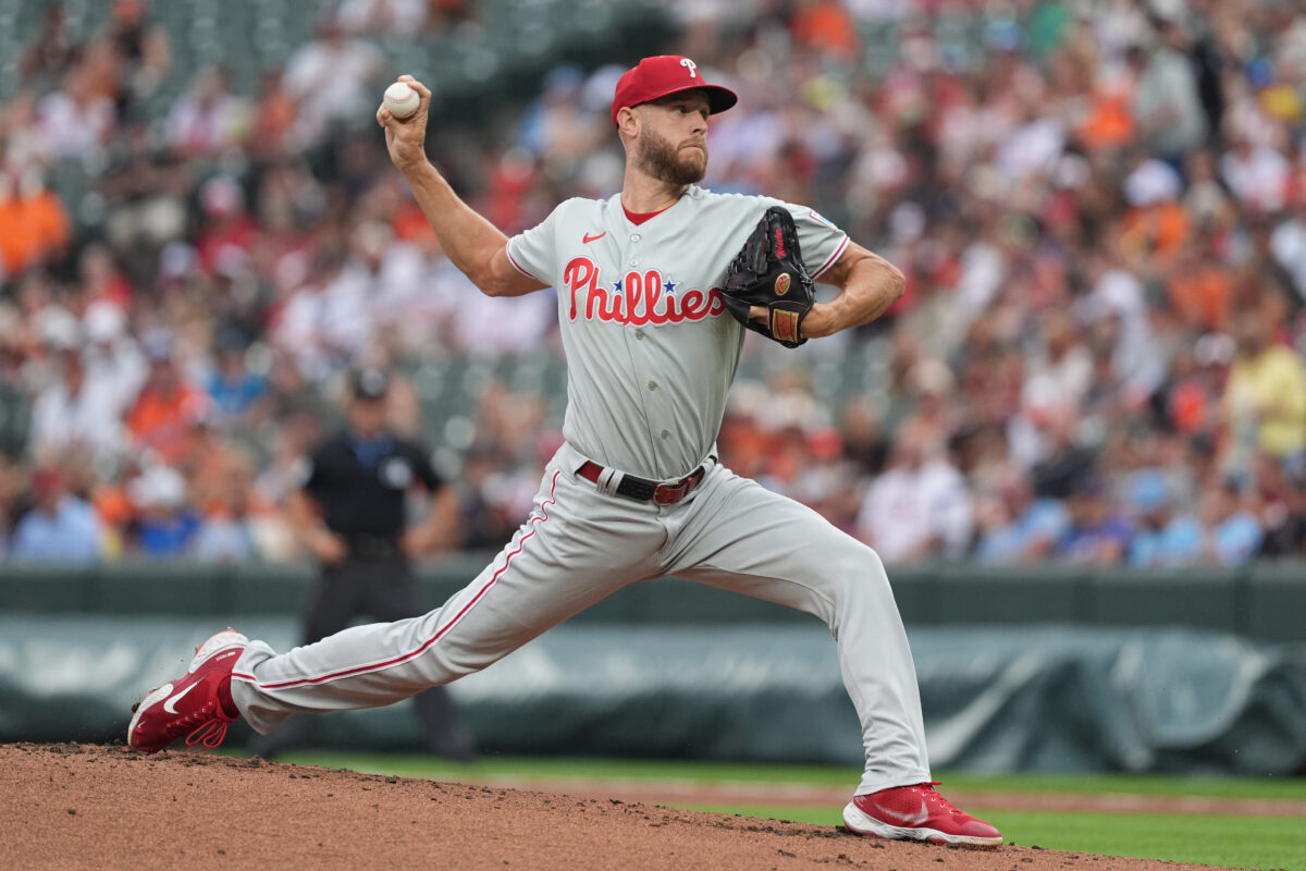 Aug 2, 2026; Baltimore, Maryland, USA; Philadelphia Phillies pitcher Zack Wheeler (45) delivers a pitch against the Baltimore Orioles during the first inning at Oriole Park at Camden Yards. Mandatory Credit: Gregory Fisher-Imagn Images