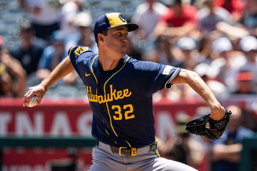 Aug 2, 2026; Anaheim, California, USA; Milwaukee Brewers pitcher Jacob Misiorowski (32) throws against the Los Angeles Angels in the first inning at Angel Stadium. Mandatory Credit: Jon Endow-Imagn Images
