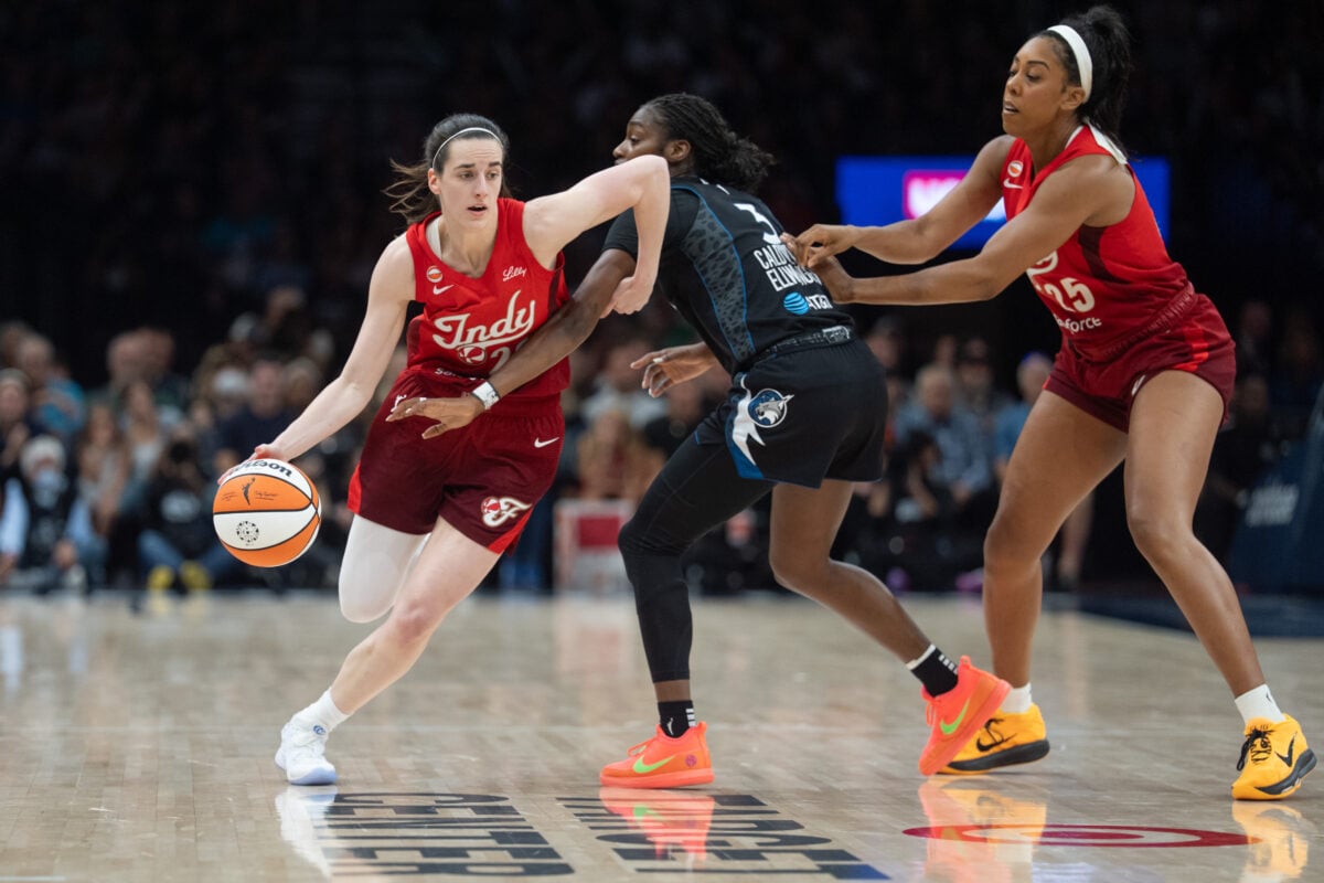 Aug 2, 2026; Minneapolis, Minnesota, USA; Minnesota Lynx guard Lani White (3) defends against Indiana Fever guard Caitlin Clark (22) in the fourth quarter at Target Center. Mandatory Credit: Matt Blewett-Imagn Images