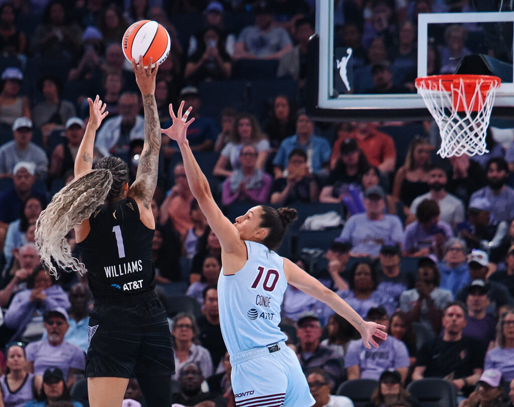 Aug 2, 2026; San Francisco, California, USA;  Golden State Valkyries forward Gabby Williams (1) shoots the ball against Toronto Tempo forward Maria Conde (10) during the first quarter at Chase Center. Mandatory Credit: Kelley L Cox-Imagn Images