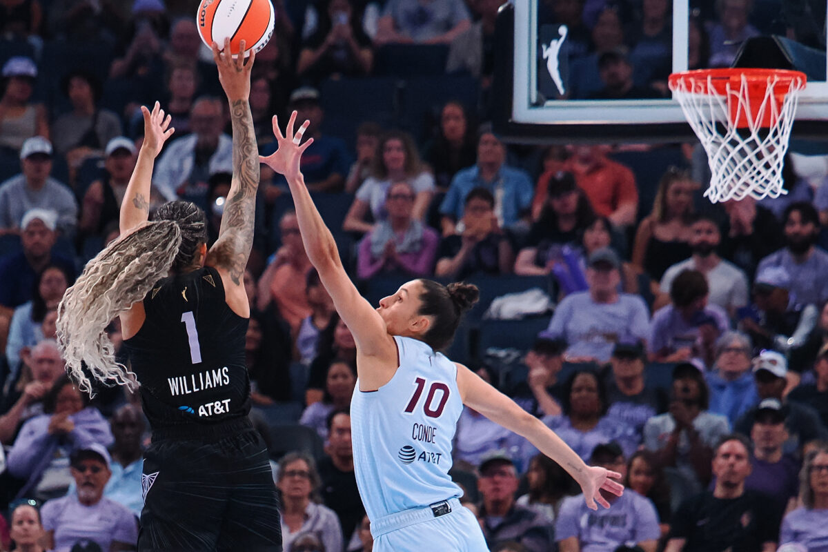 Aug 2, 2026; San Francisco, California, USA;  Golden State Valkyries forward Gabby Williams (1) shoots the ball against Toronto Tempo forward Maria Conde (10) during the first quarter at Chase Center. Mandatory Credit: Kelley L Cox-Imagn Images
