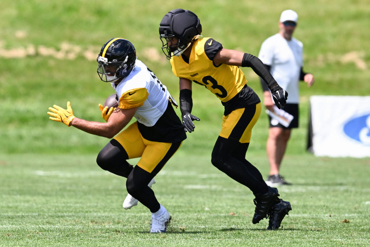 Aug 03, 2026; Latrobe, PA, USA; Pittsburgh Steelers wide receiver Michael Pittman Jr (11) looks to avoid cornerback Daylen Everette (23) during a practice session at Training camp at Saint Vincent College. Mandatory Credit: Barry Reeger-Imagn Images