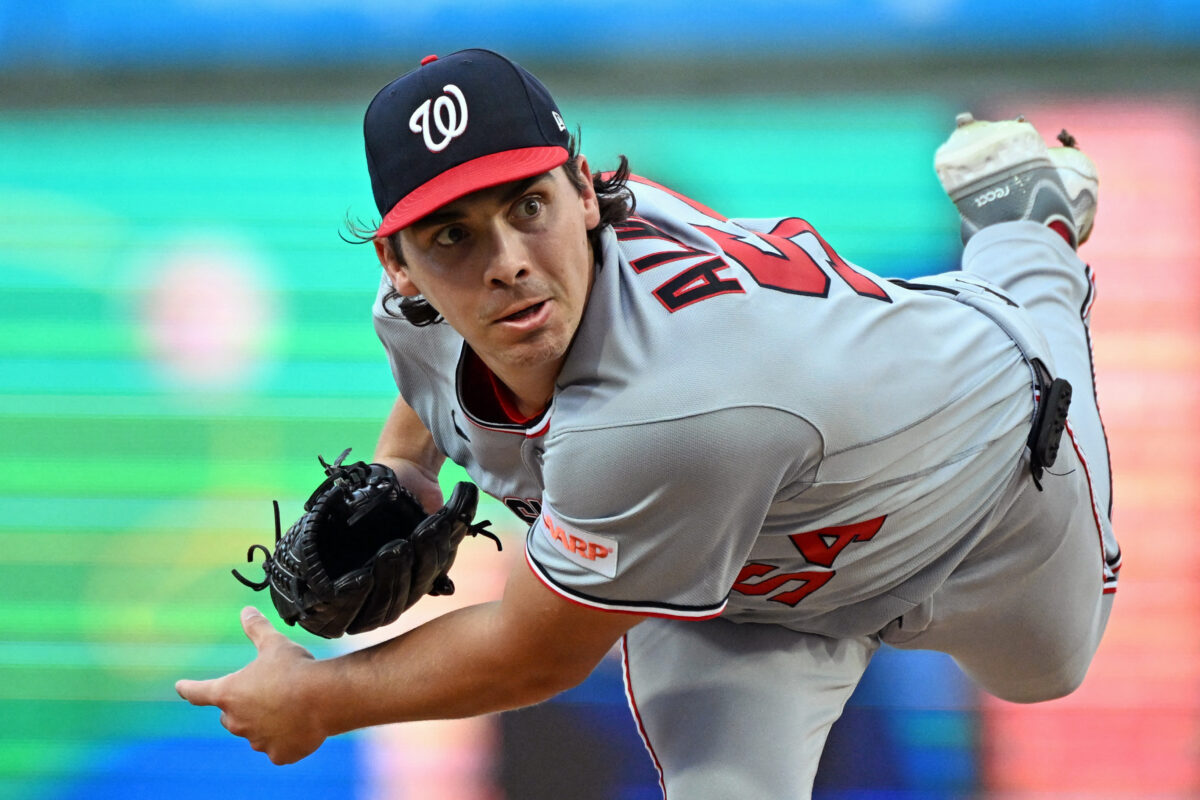 Aug 3, 2026; Philadelphia, Pennsylvania, USA; Washington Nationals starting pitcher Andrew Alvarez (54) throws a pitch during the first inning against the Philadelphia Phillies at Citizens Bank Park. Mandatory Credit: Eric Hartline-Imagn Images