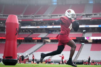 Arizona Cardinals running back Jeremiyah Love (4) practices during training camp at State Farm Stadium in Glendale on July 26, 2026.