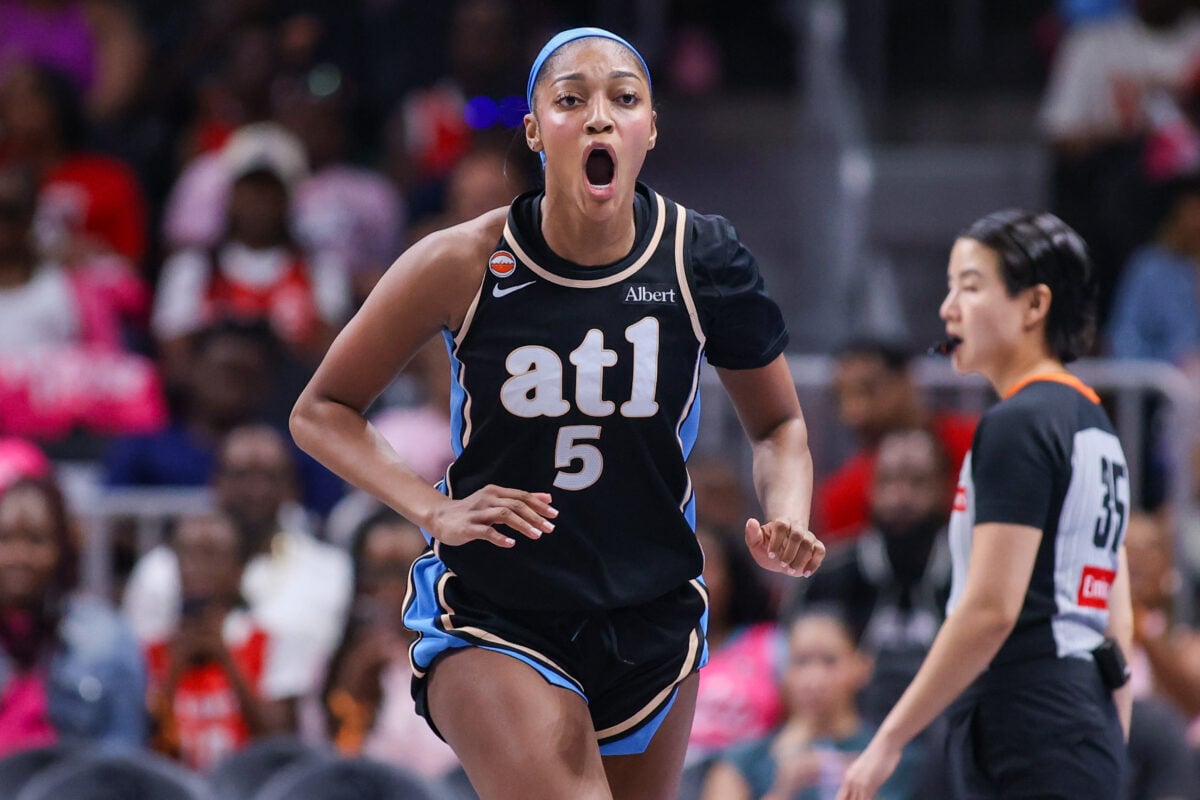 Aug 3, 2026; Atlanta, Georgia, USA; Atlanta Dream forward Angel Reese (5) reacts after a call against the Las Vegas Aces in the third quarter at State Farm Arena. Mandatory Credit: Brett Davis-Imagn Images