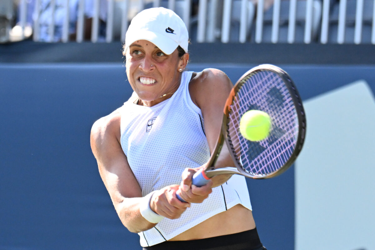 Aug 4, 2026; Toronto, Ontario, Canada; Madison Keys (USA) plays a shot against Antonia Ruzic (CRO) during second round play at Sobeys Stadium. Mandatory Credit: Dan Hamilton-Imagn Images