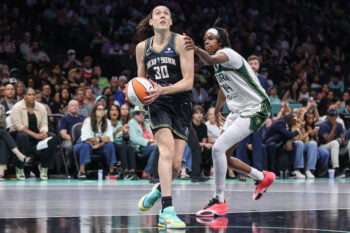 Aug 3, 2026; Brooklyn, New York, USA;  New York Liberty forward Breanna Stewart (30) and Seattle Storm center Dominique Malonga (14) at Barclays Center. Mandatory Credit: Wendell Cruz-Imagn Images