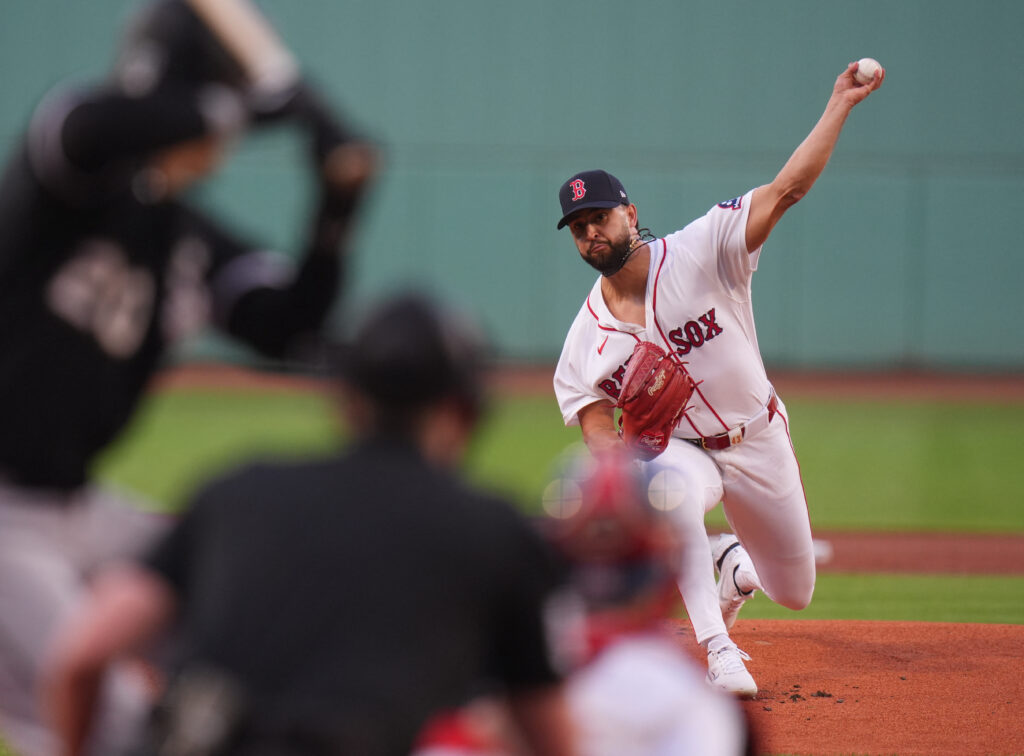 Aug 4, 2026; Boston, Massachusetts, USA; Boston Red Sox pitcher Patrick Sandoval (43) throws a pitch against the Chicago White Sox in the first inning at Fenway Park. Mandatory Credit: David Butler II-Imagn Images