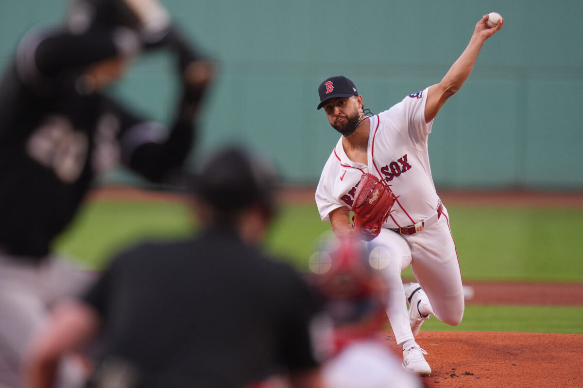 Aug 4, 2026; Boston, Massachusetts, USA; Boston Red Sox pitcher Patrick Sandoval (43) throws a pitch against the Chicago White Sox in the first inning at Fenway Park. Mandatory Credit: David Butler II-Imagn Images