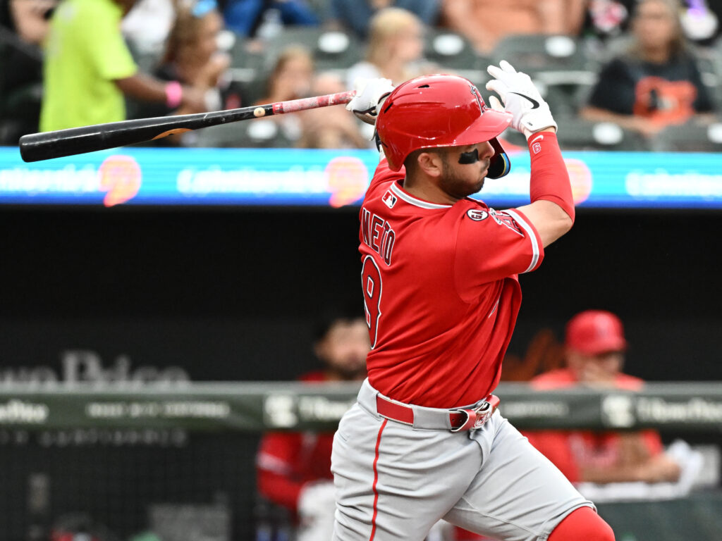 Aug 4, 2026; Baltimore, Maryland, USA; Los Angeles Angels shortstop Zach Neto (9) singles during the third inning against the Baltimore Orioles at Oriole Park at Camden Yards. Mandatory Credit: James A. Pittman-Imagn Images