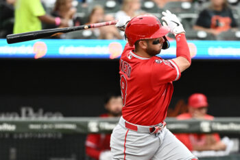 Aug 4, 2026; Baltimore, Maryland, USA; Los Angeles Angels shortstop Zach Neto (9) singles during the third inning against the Baltimore Orioles at Oriole Park at Camden Yards. Mandatory Credit: James A. Pittman-Imagn Images