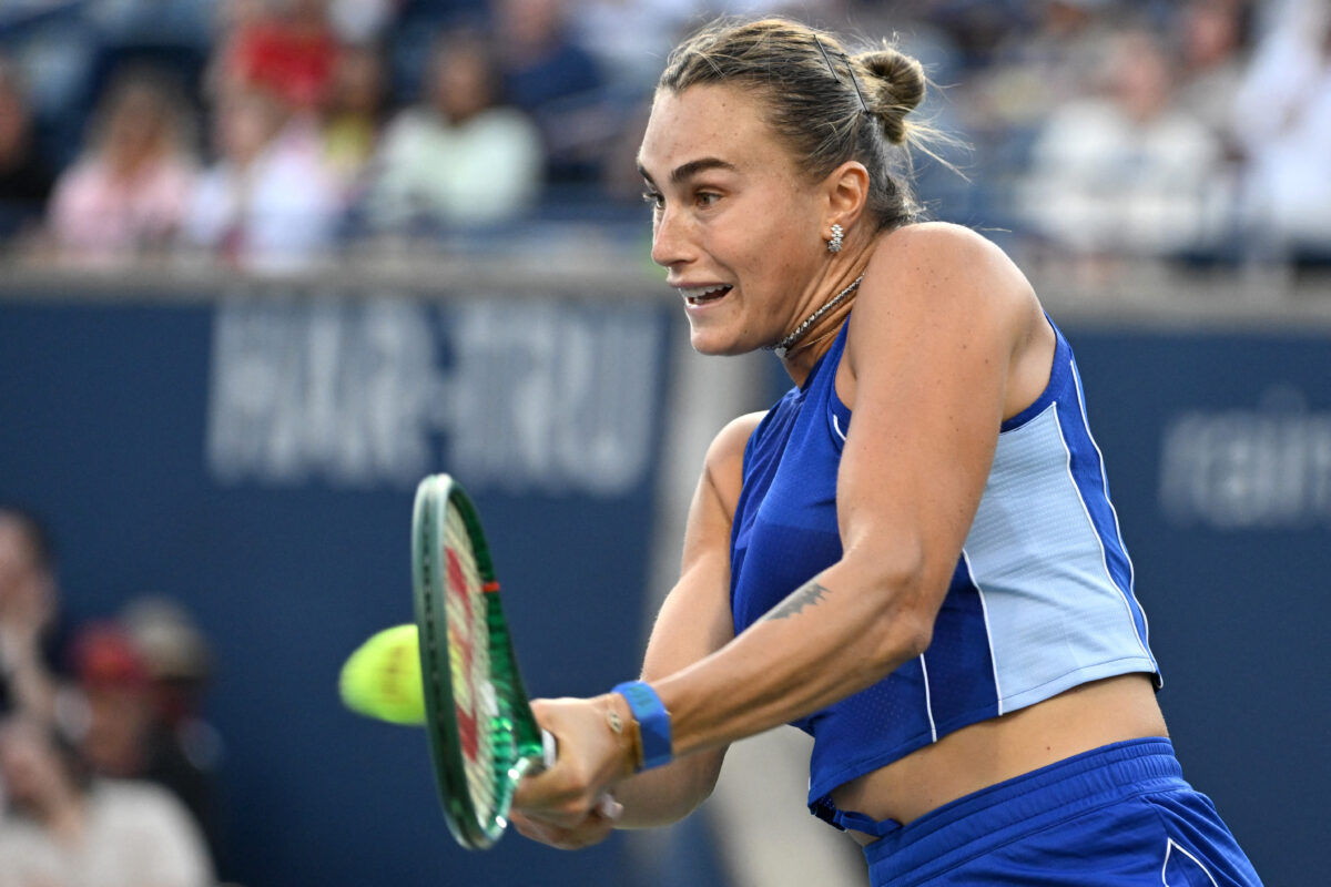 Aug 4, 2026; Toronto, Ontario, Canada; Aryna Sabalenka plays a shot against Moyuka Uchijima (JPN) during second round play at Sobeys Stadium. Mandatory Credit: Dan Hamilton-Imagn Images