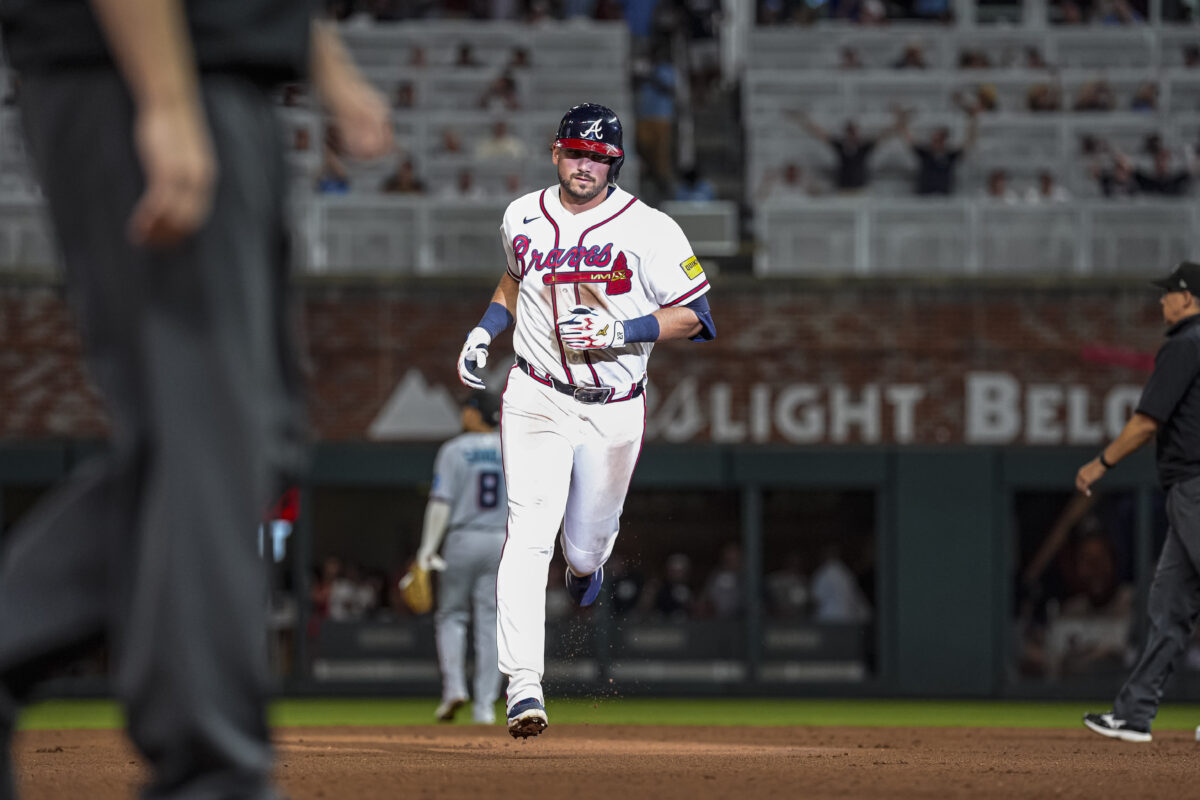 Aug 4, 2026; Cumberland, Georgia, USA; Atlanta Braves third baseman Austin Riley (27) runs the bases after hitting a two run home run against the Miami Marlins during the seventh inning at Truist Park. Mandatory Credit: Dale Zanine-Imagn Images