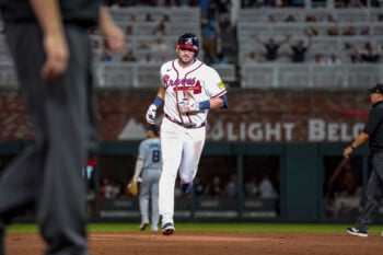 Aug 4, 2026; Cumberland, Georgia, USA; Atlanta Braves third baseman Austin Riley (27) runs the bases after hitting a two run home run against the Miami Marlins during the seventh inning at Truist Park. Mandatory Credit: Dale Zanine-Imagn Images
