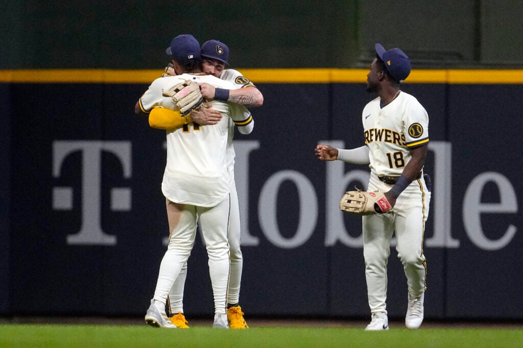 Aug 4, 2026; Milwaukee, Wisconsin, USA; Milwaukee Brewers outfielder Jackson Chourio (11), outfielder Garrett Mitchell (5) and outfielder Luis Lara (18) celebrate a win over the Pittsburgh Pirates at American Family Field. Mandatory Credit: Michael McLoone-Imagn Images