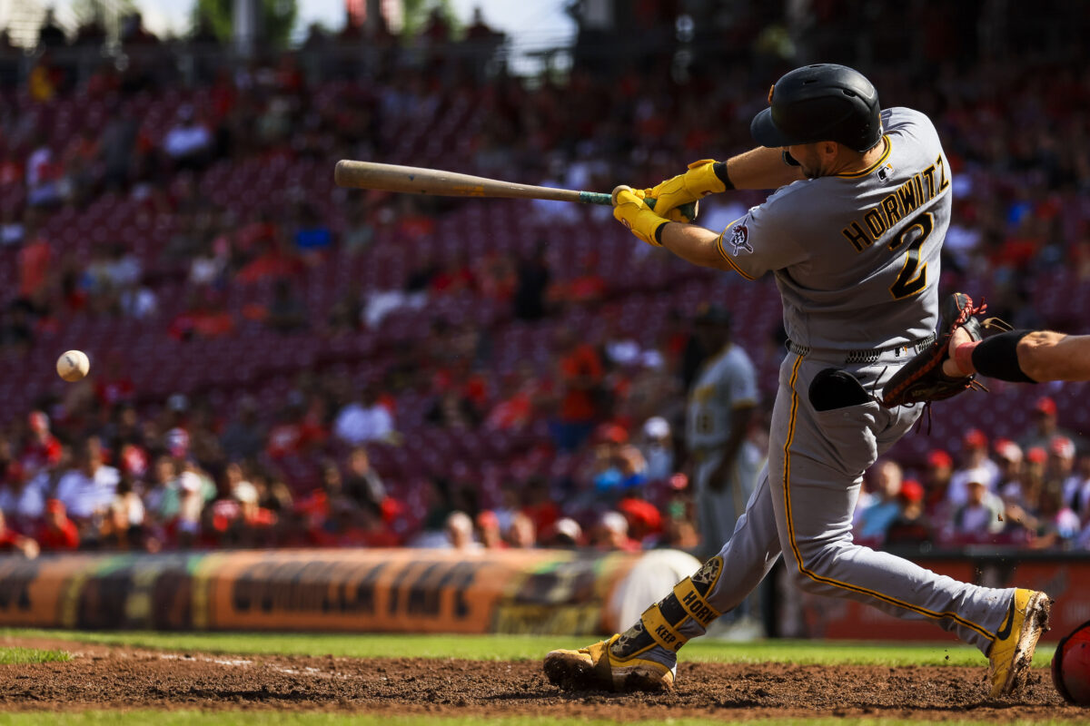 Aug 2, 2026; Cincinnati, Ohio, USA; Pittsburgh Pirates first baseman Spencer Horwitz (2) bats against the Cincinnati Reds in the ninth inning at Great American Ball Park. Mandatory Credit: Katie Stratman-Imagn Images
