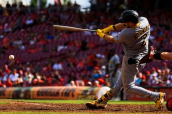 Aug 2, 2026; Cincinnati, Ohio, USA; Pittsburgh Pirates first baseman Spencer Horwitz (2) bats against the Cincinnati Reds in the ninth inning at Great American Ball Park. Mandatory Credit: Katie Stratman-Imagn Images