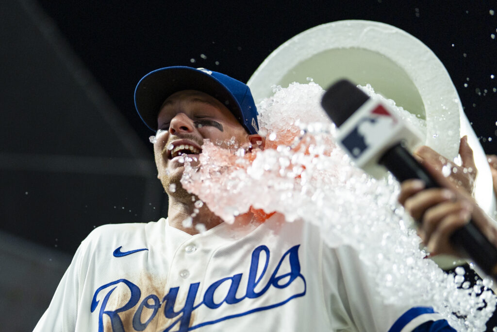 Aug 4, 2026; Kansas City, Missouri, USA; Kansas City Royals shortstop Bobby Witt Jr. (7) is doused with water after defeating the Minnesota Twins at Kauffman Stadium. Mandatory Credit: Jay Biggerstaff-Imagn Images