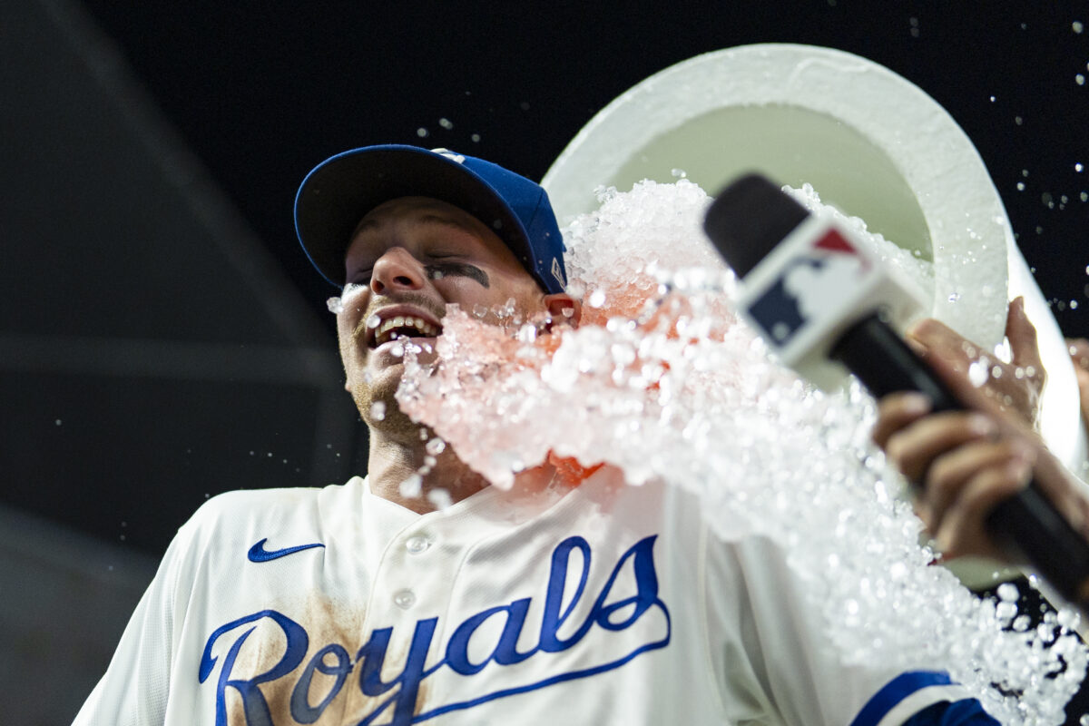 Aug 4, 2026; Kansas City, Missouri, USA; Kansas City Royals shortstop Bobby Witt Jr. (7) is doused with water after defeating the Minnesota Twins at Kauffman Stadium. Mandatory Credit: Jay Biggerstaff-Imagn Images