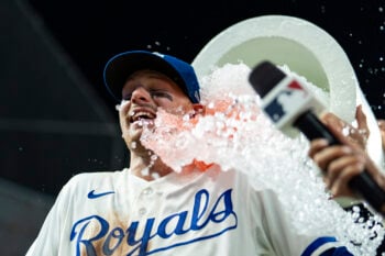 Aug 4, 2026; Kansas City, Missouri, USA; Kansas City Royals shortstop Bobby Witt Jr. (7) is doused with water after defeating the Minnesota Twins at Kauffman Stadium. Mandatory Credit: Jay Biggerstaff-Imagn Images