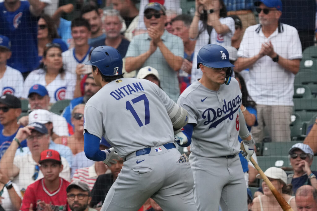 Aug 5, 2026; Chicago, Illinois, USA; Los Angeles Dodgers two-way player Shohei Ohtani (17) is greeted by Los Angeles Dodgers first baseman Enrique Hernández (8)after hitting a two-run home run against the Chicago Cubs during the eighth inning at Wrigley Field. Mandatory Credit: David Banks-Imagn Images