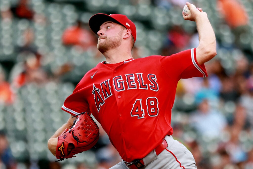 Aug 5, 2026; Baltimore, Maryland, USA; Los Angeles Angels pitcher Reid Detmers (48) throws during the first inning against the Baltimore Orioles at Oriole Park at Camden Yards. Mandatory Credit: Daniel Kucin Jr.-Imagn Images