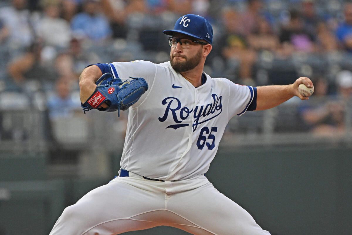 Aug 5, 2026; Kansas City, Missouri, USA; Kansas City Royals starting pitcher Noah Cameron (65) throws a pitch in the first inning against the Minnesota Twins at Kauffman Stadium. Mandatory Credit: Peter Aiken-Imagn Images
