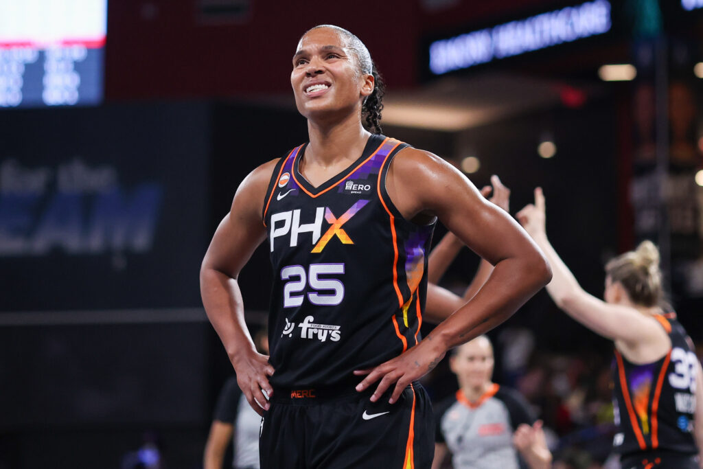 Aug 5, 2026; College Park, Georgia, USA; Phoenix Mercury forward Alyssa Thomas (25) reacts after a play against the Atlanta Dream in the first quarter at Gateway Center Arena at College Park. Mandatory Credit: Brett Davis-Imagn Images
