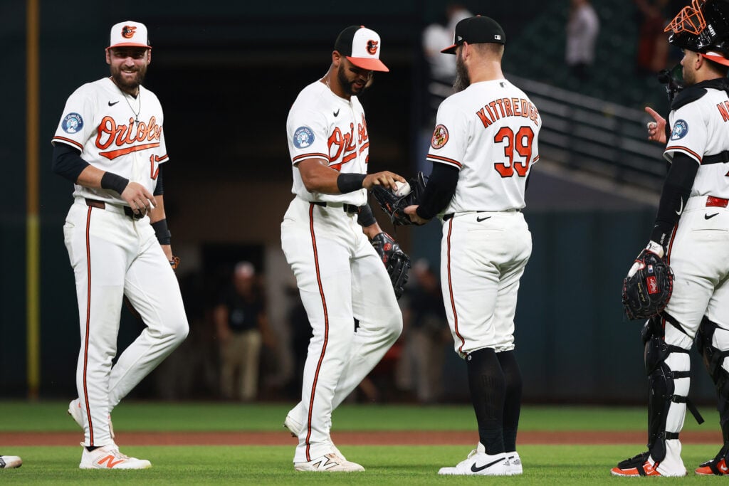 Aug 5, 2026; Baltimore, Maryland, USA; Baltimore Orioles players celebrate after a game against the Los Angeles Angels at Camden Yards. Mandatory Credit: Daniel Kucin Jr.-Imagn Images