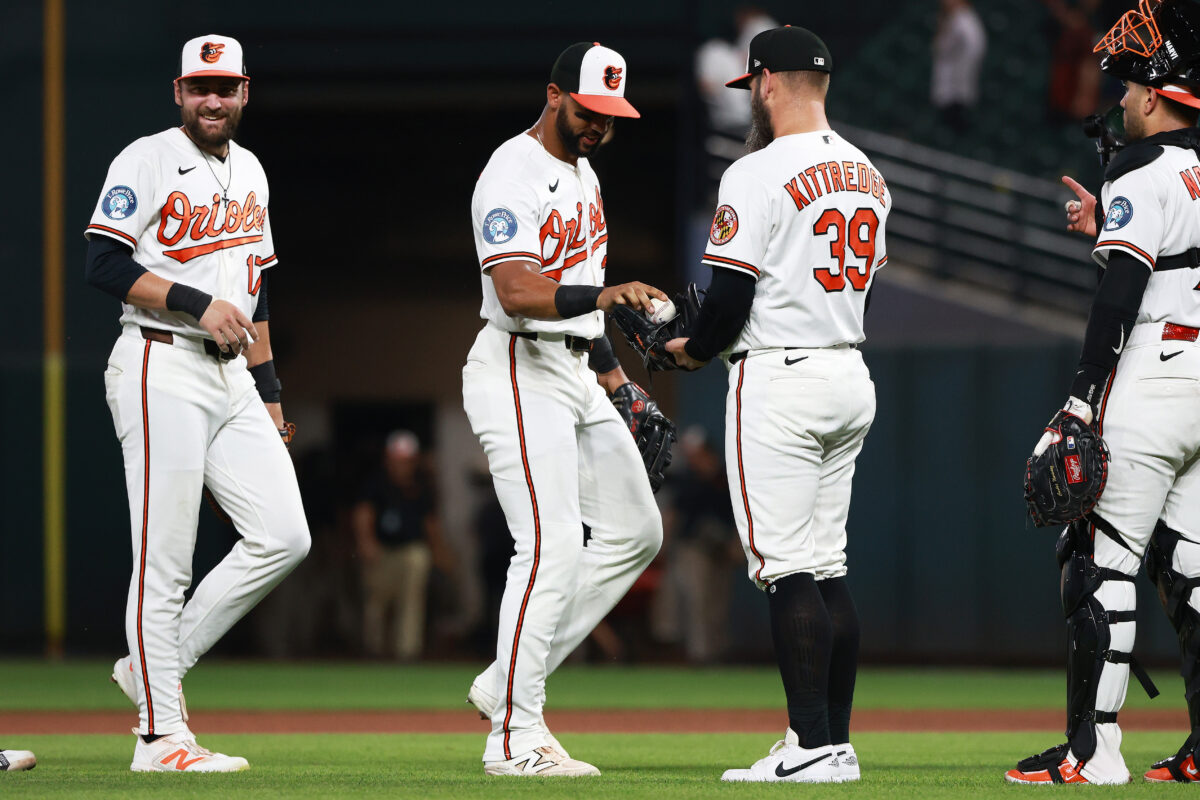 Aug 5, 2026; Baltimore, Maryland, USA; Baltimore Orioles players celebrate after a game against the Los Angeles Angels at Camden Yards. Mandatory Credit: Daniel Kucin Jr.-Imagn Images