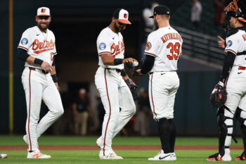 Aug 5, 2026; Baltimore, Maryland, USA; Baltimore Orioles players celebrate after a game against the Los Angeles Angels at Camden Yards. Mandatory Credit: Daniel Kucin Jr.-Imagn Images