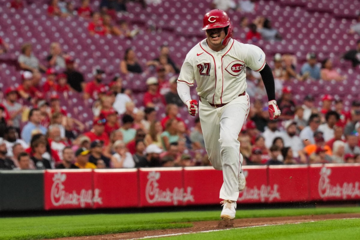 Aug 5, 2026; Cincinnati, Ohio, USA;  Cincinnati Reds first baseman Sal Stewart scores a run against the Athletics in the sixth inning at Great American Ball Park. Mandatory Credit: Aaron Doster-Imagn Images