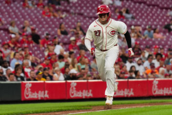 Aug 5, 2026; Cincinnati, Ohio, USA;  Cincinnati Reds first baseman Sal Stewart scores a run against the Athletics in the sixth inning at Great American Ball Park. Mandatory Credit: Aaron Doster-Imagn Images