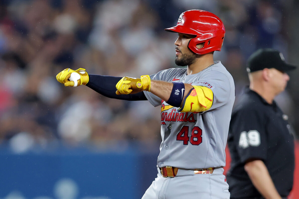 Aug 5, 2026; Bronx, New York, USA; St. Louis Cardinals designated hitter Ivan Herrera (48) celebrates his RBI double against the New York Yankees during the fifth inning at Yankee Stadium. Mandatory Credit: Brad Penner-Imagn Images