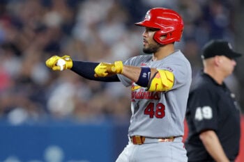 Aug 5, 2026; Bronx, New York, USA; St. Louis Cardinals designated hitter Ivan Herrera (48) celebrates his RBI double against the New York Yankees during the fifth inning at Yankee Stadium. Mandatory Credit: Brad Penner-Imagn Images