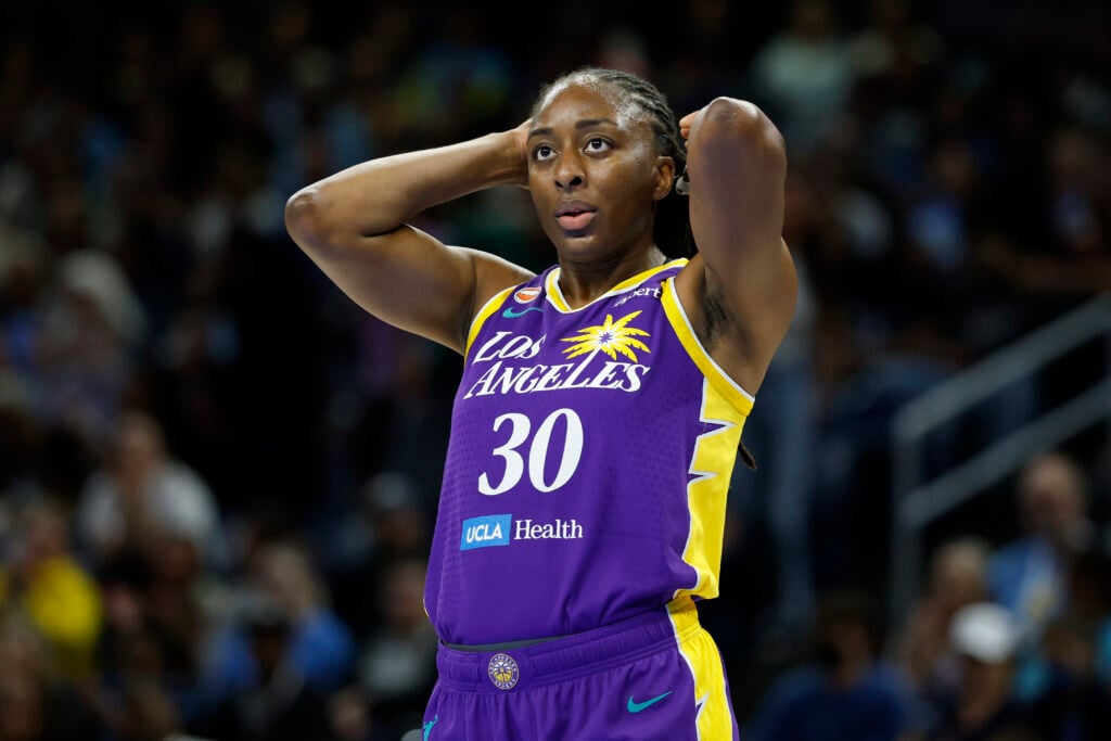 Aug 5, 2026; Chicago, Illinois, USA; Los Angeles Sparks forward Nneka Ogwumike (30) looks on during the first half of a WNBA game against the Chicago Sky at Wintrust Arena. Mandatory Credit: Kamil Krzaczynski-Imagn Images