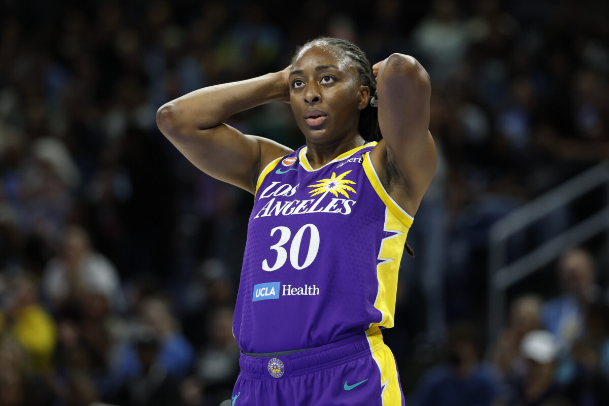 Aug 5, 2026; Chicago, Illinois, USA; Los Angeles Sparks forward Nneka Ogwumike (30) looks on during the first half of a WNBA game against the Chicago Sky at Wintrust Arena. Mandatory Credit: Kamil Krzaczynski-Imagn Images
