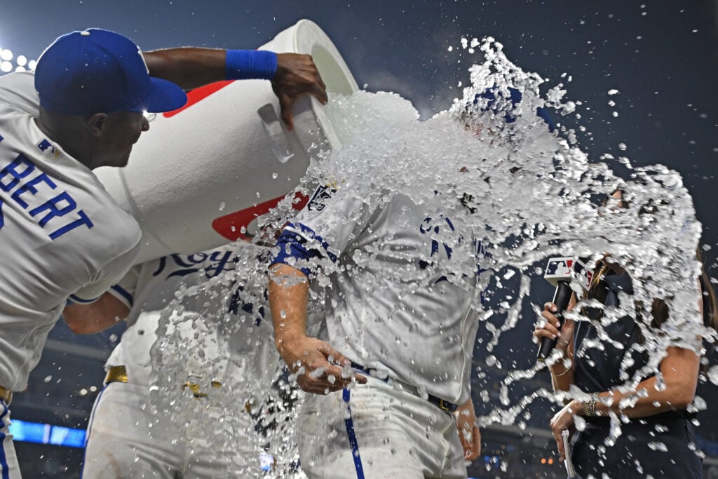 Aug 5, 2026; Kansas City, Missouri, USA; Kansas City Royals starting pitcher Noah Cameron (65) receives a ice water shower after defeating the Minnesota Twins at Kauffman Stadium. Mandatory Credit: Peter Aiken-Imagn Images