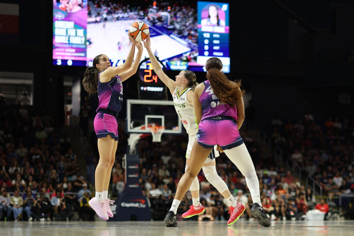 Aug 5, 2026; Washington, District of Columbia, USA; Washington Mystics guard Sonia Citron (22) shoots the ball as Dallas Wings guard Paige Bueckers (5) defends in the second half at CareFirst Arena. Mandatory Credit: Geoff Burke-Imagn Images