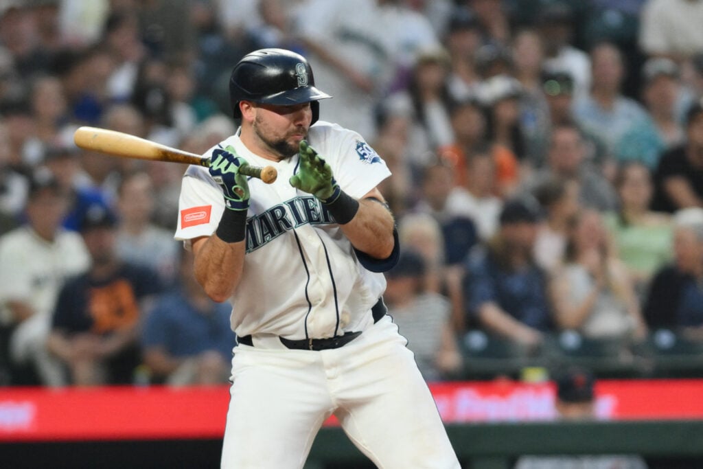 Aug 5, 2026; Seattle, Washington, USA; Seattle Mariners catcher Cal Raleigh (29) is hit by a pitch during the seventh inning against the Detroit Tigers at T-Mobile Park. Mandatory Credit: Steven Bisig-Imagn Images