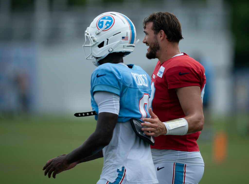 Tennessee Titans quarterback Mitchell Trubisky (10) talks with wide receiver Calvin Ridley (0) during training camp at Vanderbilt Health Football Center Thursday, Aug. 6, 2026.