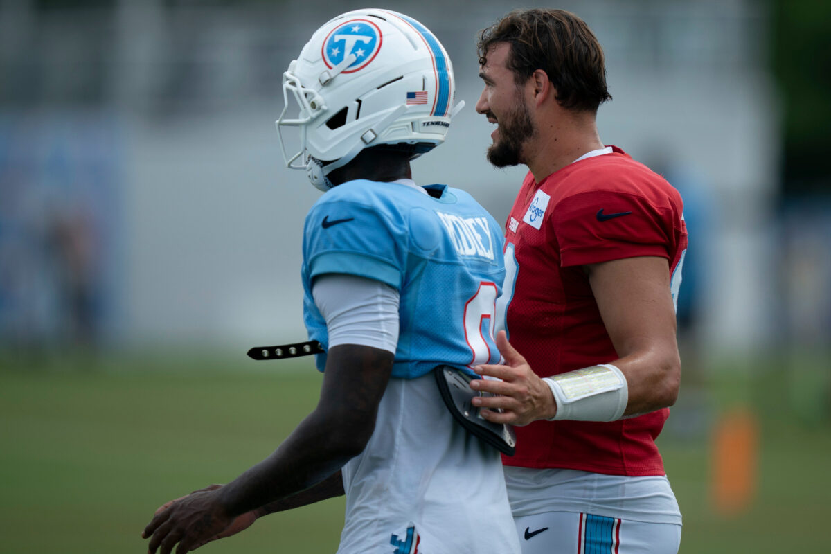 Tennessee Titans quarterback Mitchell Trubisky (10) talks with wide receiver Calvin Ridley (0) during training camp at Vanderbilt Health Football Center Thursday, Aug. 6, 2026.