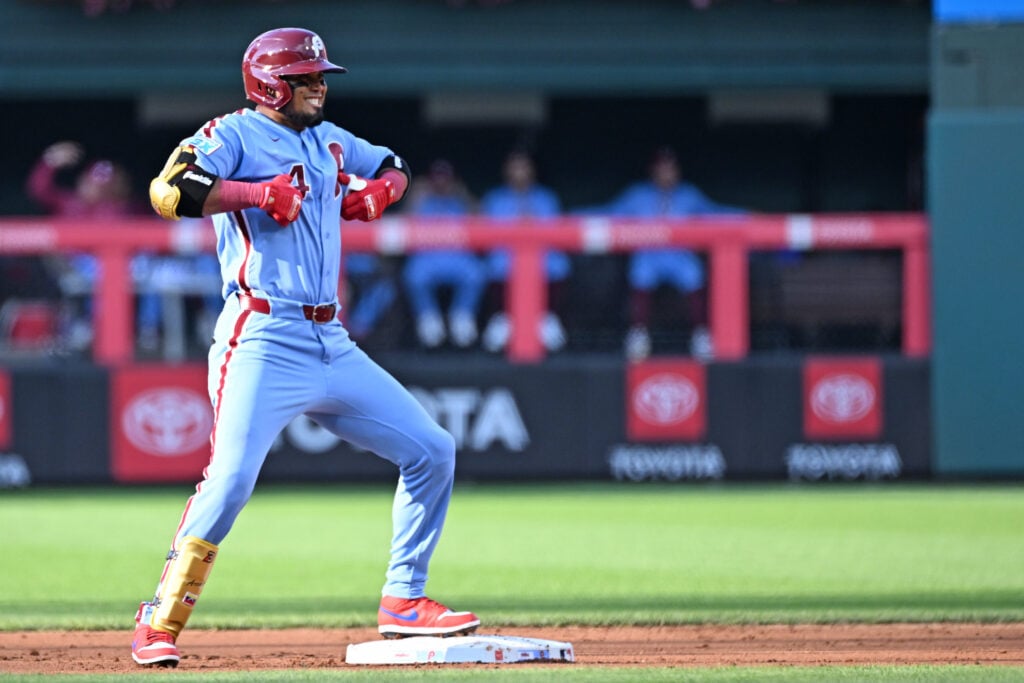 Aug 6, 2026; Philadelphia, Pennsylvania, USA; Philadelphia Phillies second baseman Luis Arraez (4) celebrates his RBI double during the first inning against the Washington Nationals at Citizens Bank Park. Mandatory Credit: Eric Hartline-Imagn Images