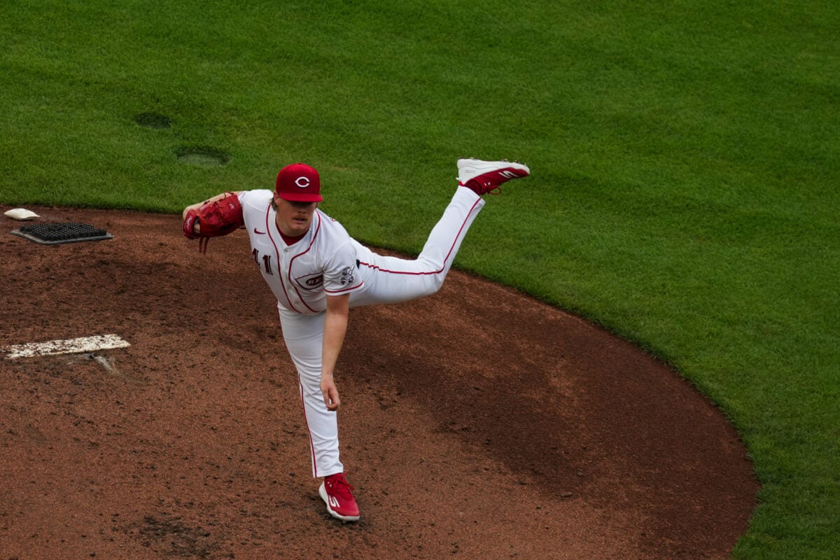 Aug 6, 2026; Cincinnati, Ohio, USA; Cincinnati Reds pitcher Andrew Abbott throws against the Athletics in the first inning at Great American Ball Park. Mandatory Credit: Aaron Doster-Imagn Images