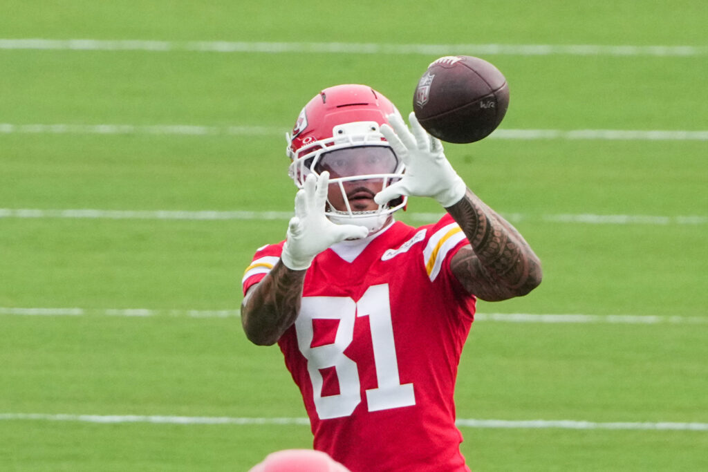 Jul 29, 2026; St. Joseph, MO, USA; Kansas City Chiefs   wide receiver Nikko Remigio (81) catches a pass during training camp at Missouri Western State University. Mandatory Credit: Denny Medley-Imagn Images