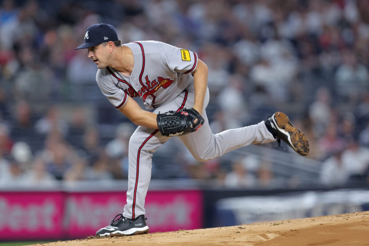 Aug 7, 2026; Bronx, New York, USA; Atlanta Braves starting pitcher Tyler Mahle (54) follows through on a pitch against the New York Yankees during the first inning at Yankee Stadium. Mandatory Credit: Brad Penner-Imagn Images