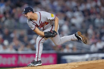 Aug 7, 2026; Bronx, New York, USA; Atlanta Braves starting pitcher Tyler Mahle (54) follows through on a pitch against the New York Yankees during the first inning at Yankee Stadium. Mandatory Credit: Brad Penner-Imagn Images