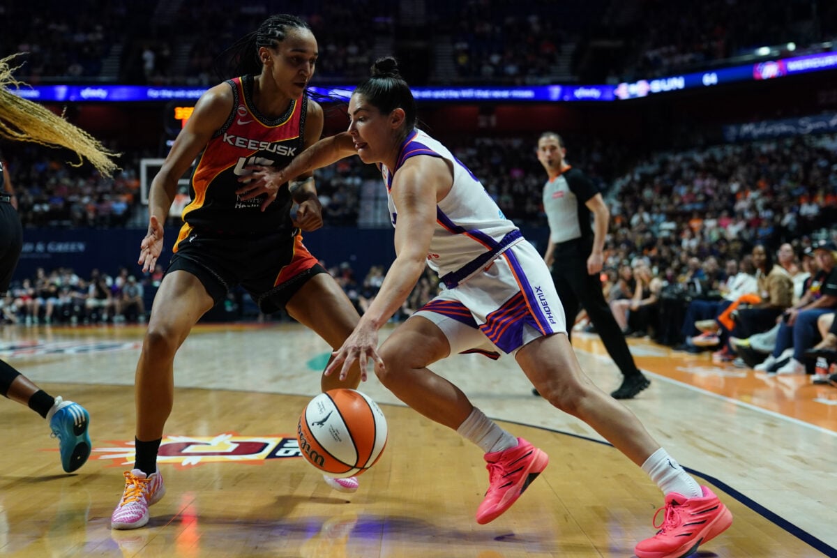 Aug 7, 2026; Uncasville, Connecticut, USA; Phoenix Mercury guard Kelsey Plum (0) drives the ball against Connecticut Sun guard Leila Lacan (47) in the second half at Mohegan Sun Arena. Mandatory Credit: David Butler II-Imagn Images