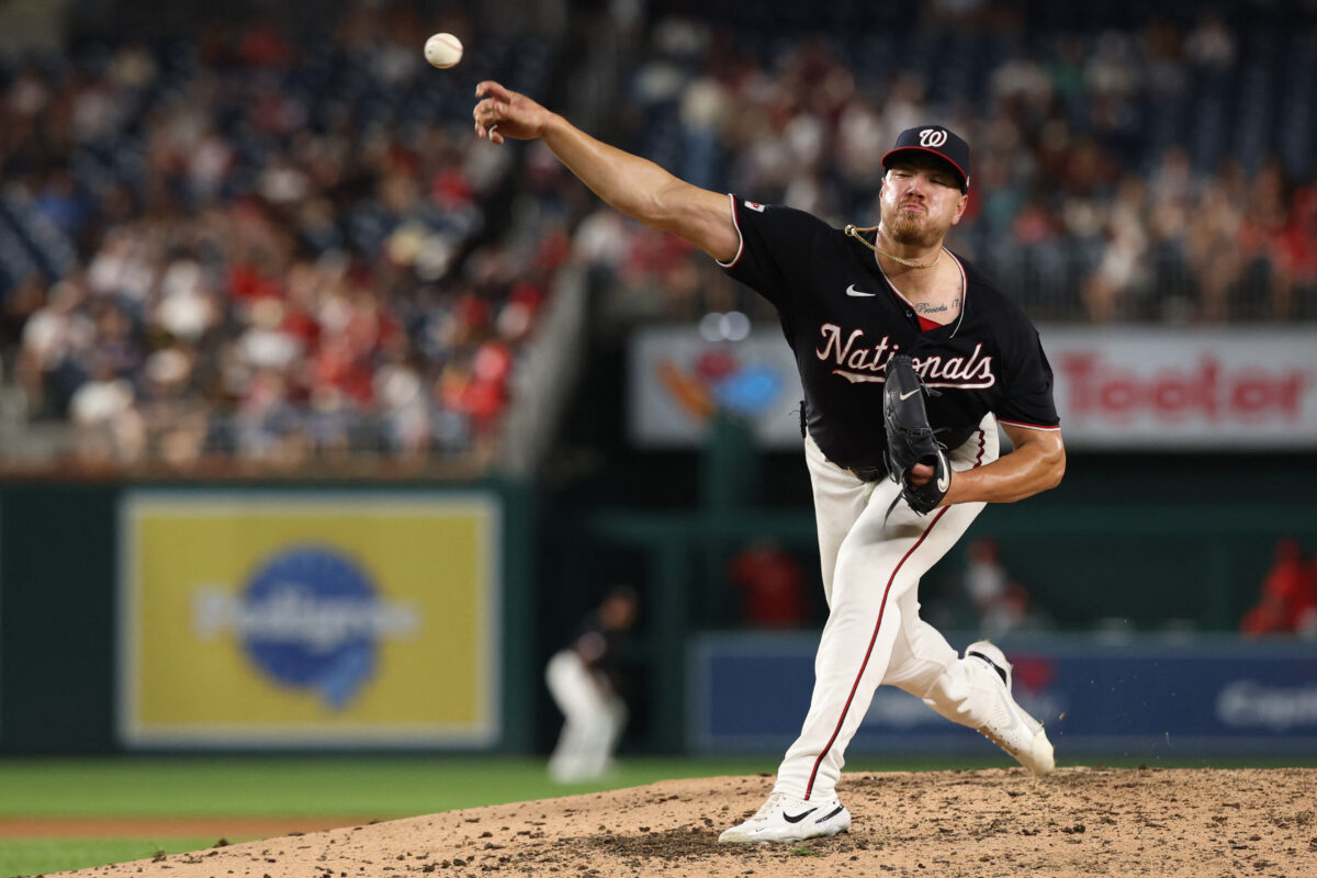 Aug 7, 2026; Washington, District of Columbia, USA; Washington Nationals pitcher Cade Cavalli (24) pitches against the Cincinnati Reds during the sixth inning at Nationals Park. Mandatory Credit: Geoff Burke-Imagn Images